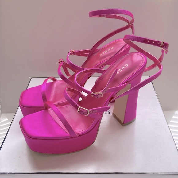 Gorgeous, Guess bright pink satin platform  heels. - Picture 3 of 6